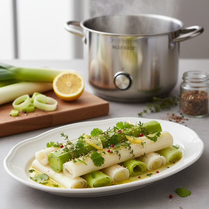 Poireaux vapeur servis en assiette avec assaisonnement citronné et herbes fraîches