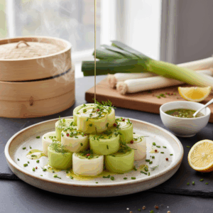 Poireaux vapeur en rondelles dressés en assiette avec huile versée et herbes fraîches